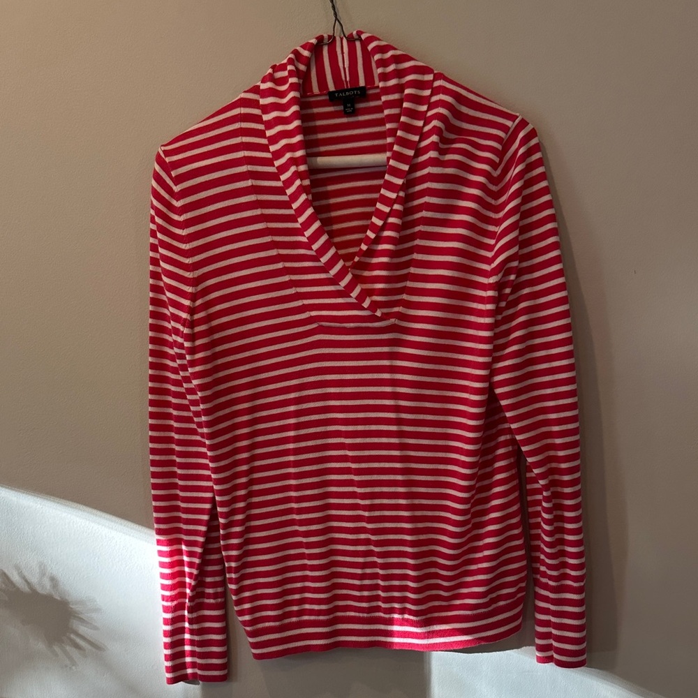 Talbots Red and White Striped Cowl Neck Sweater